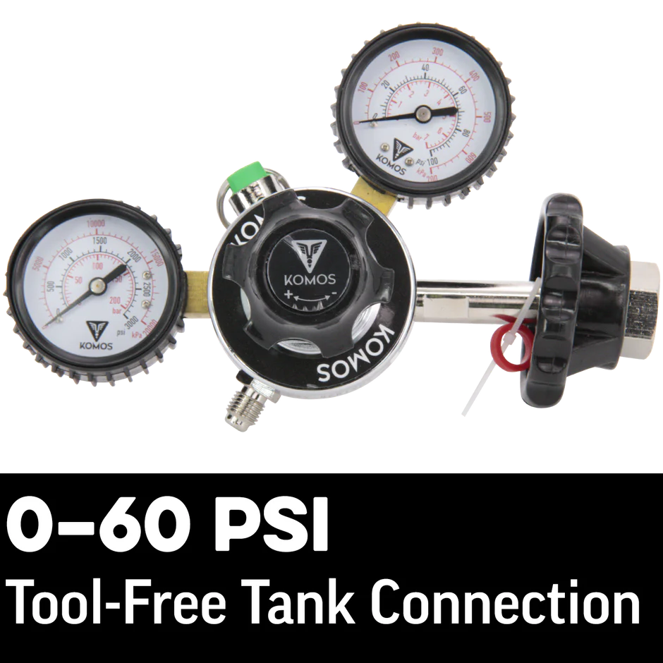 KOMOS® Premium Dual Gauge CO2 Regulator | Tool-Free One-Handed Tank Connection | 0–60 PSI